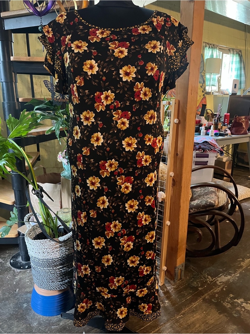 Perceptions Black Maxi Dress with Yellow & Red Floral Print